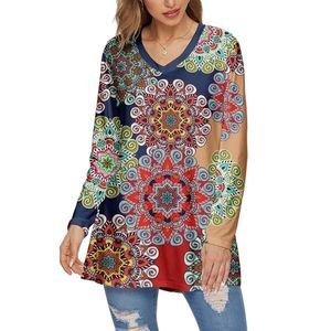 Navy & Red Mandala V-Neck Long-Sleeve Tunic Size 2X